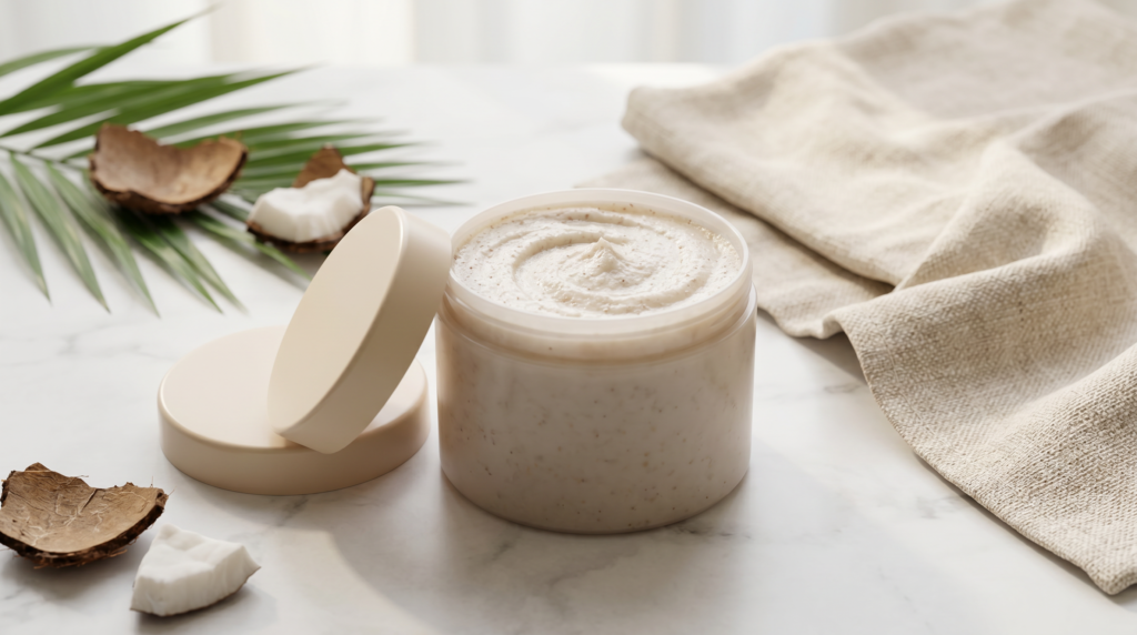 body scrub jar on a marble surface with green leaves and coconut pieces