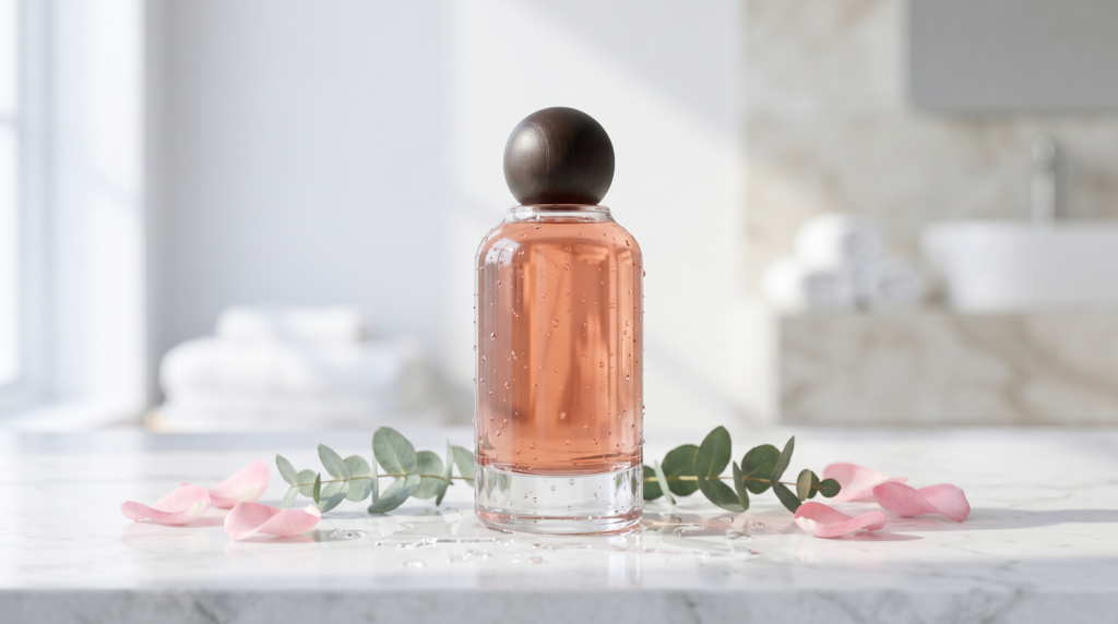 Askim rose shower gel for dry skin on a marble bathroom surface