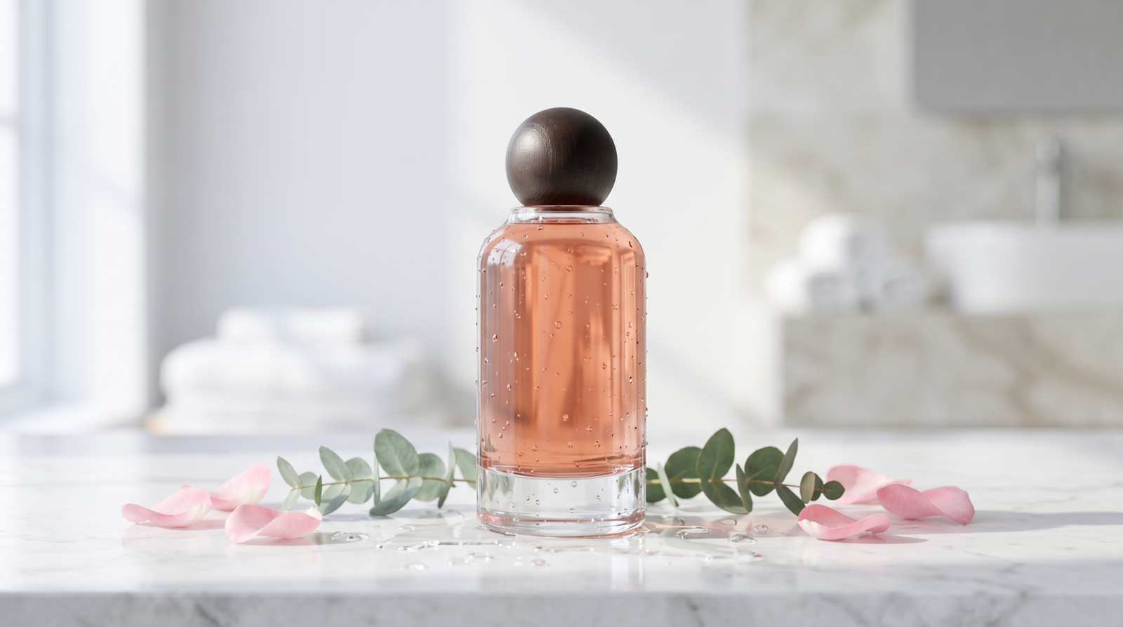 Askim rose shower gel for dry skin on a marble bathroom surface