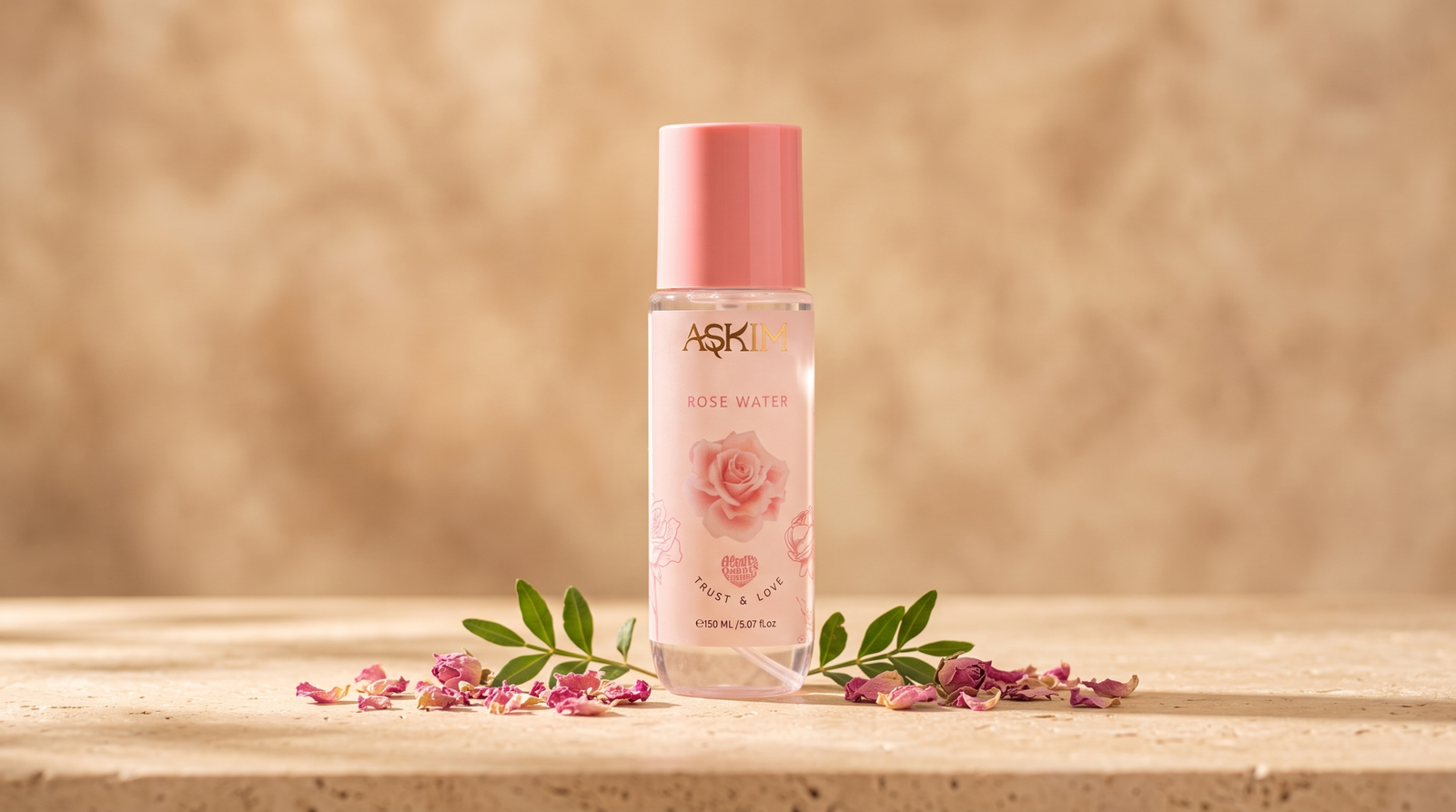 Dry skin care in Jordan's climate — Askim rose water bottle centered on a warm stone surface with rose petals