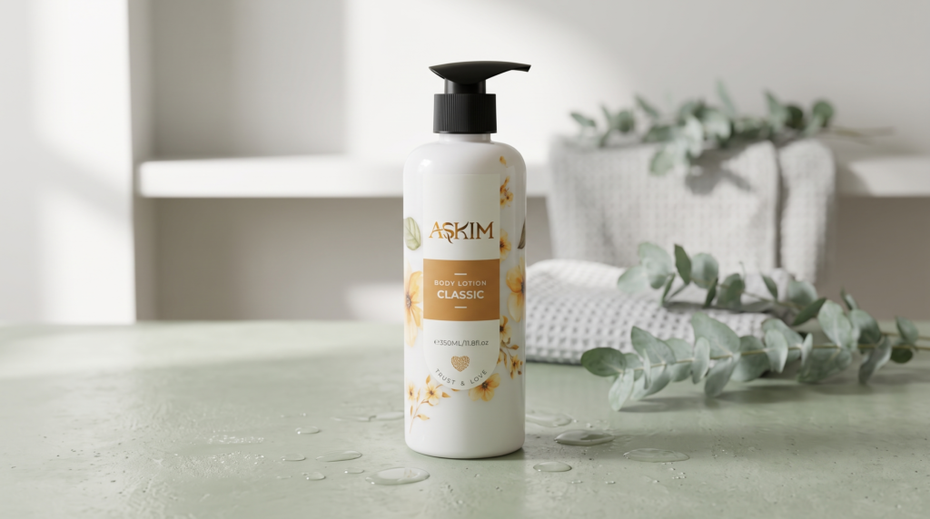 Body moisturizing after shower with Askim body lotion on a damp surface