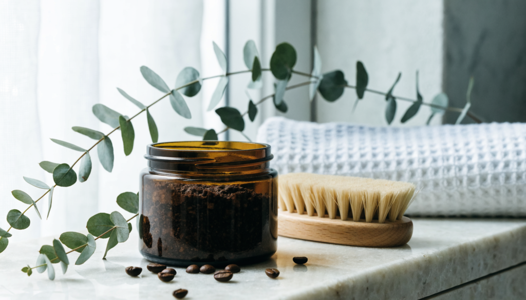 Coffee body scrub, body brush and towel used in a routine for smoothing strawberry skin on legs