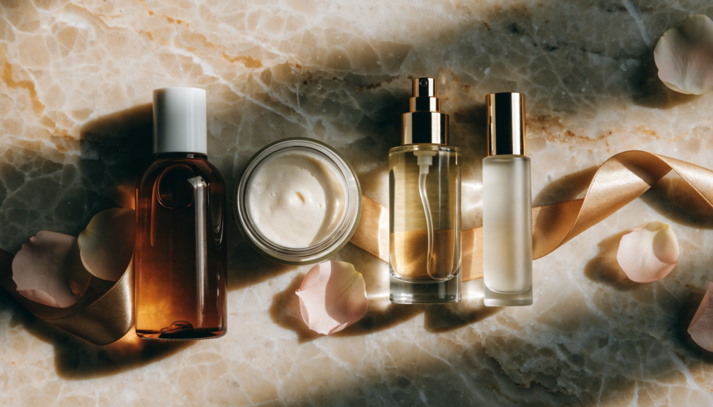 Fragrance layering routine with shower gel, body butter, body splash and hair mist arranged on a marble vanity with rose petals