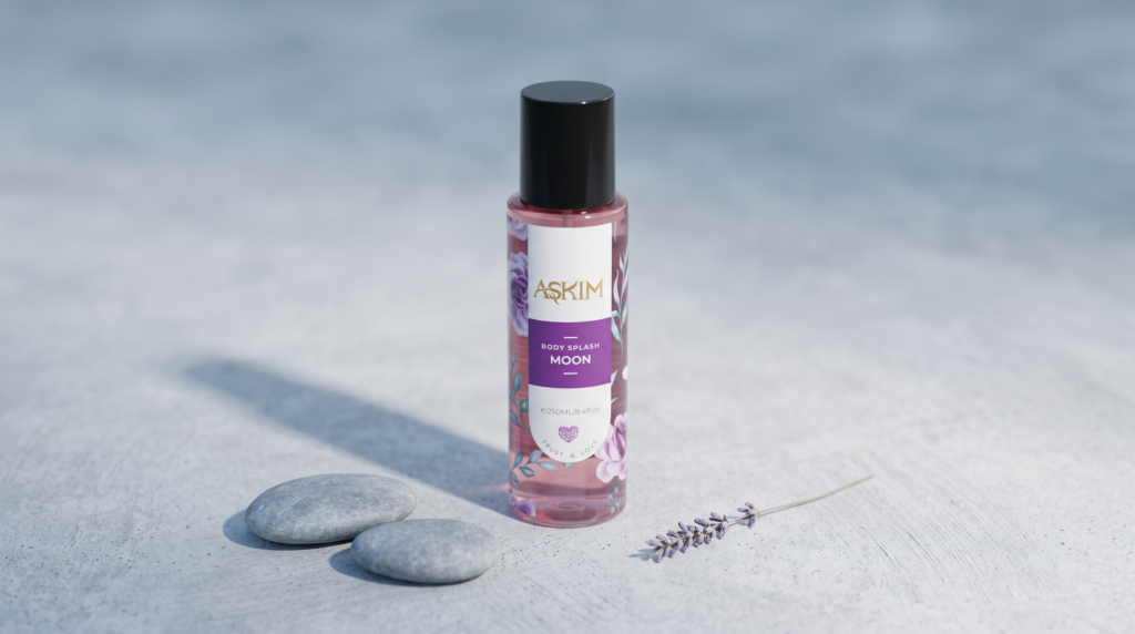 Long-lasting body splash: Askim Moon Body Splash bottle centered on a pale concrete surface