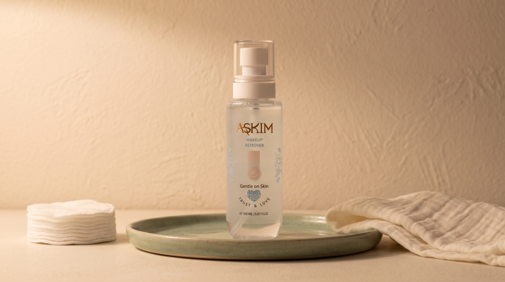 Makeup remover: Askim makeup remover bottle centered on a sage ceramic tray with cotton pads