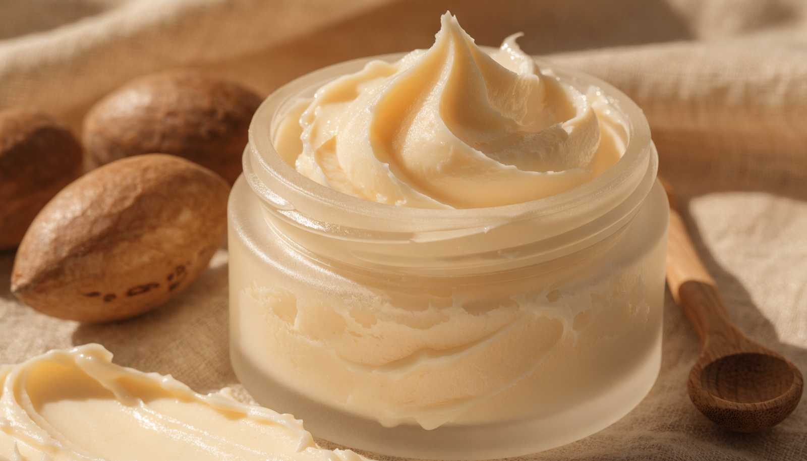 Open jar of raw shea butter for stretch marks with shea nuts and a wooden spoon on beige linen
