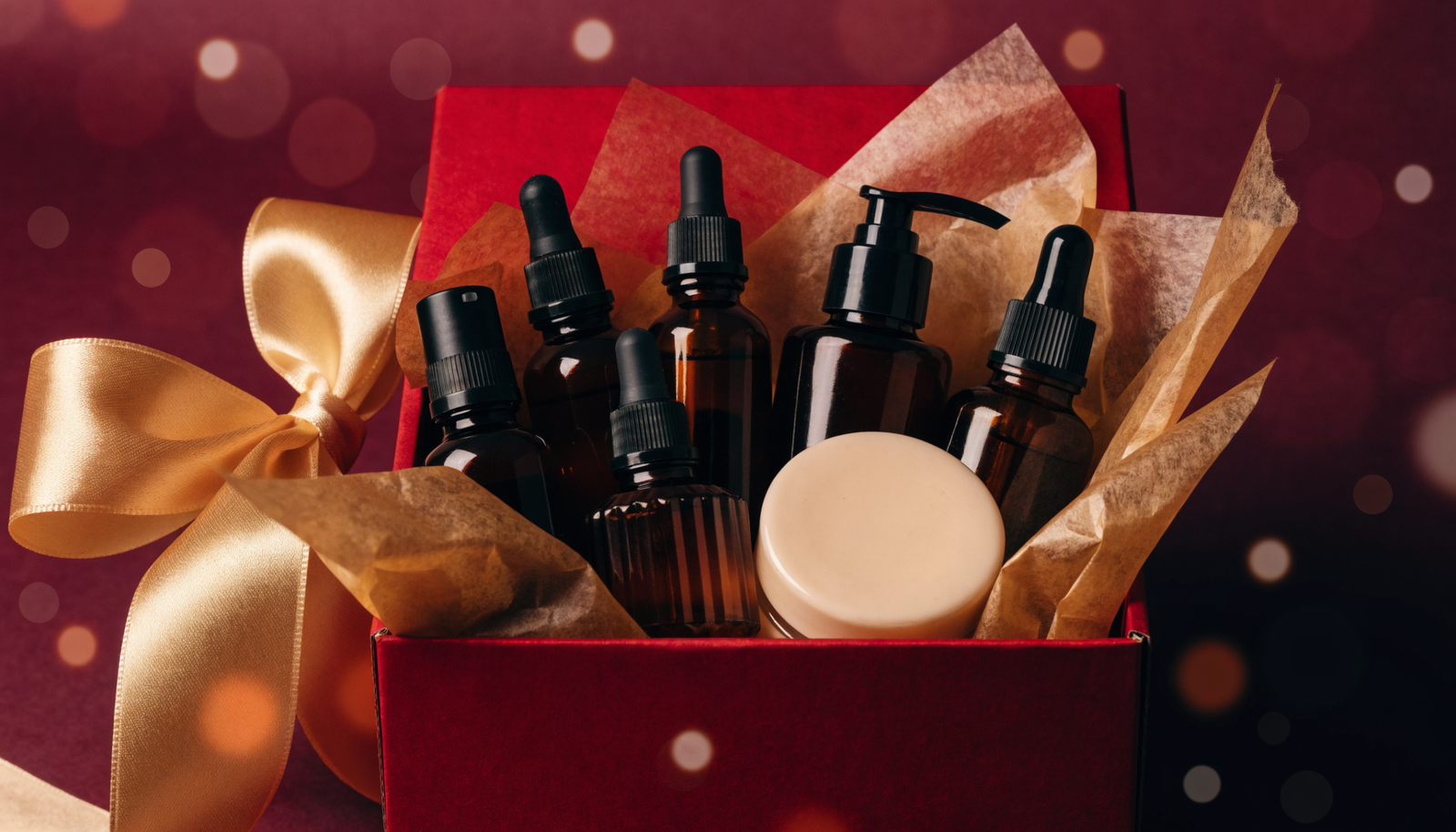 Body care gift sets in an open red gift box with gold ribbon, amber bottles and a cream jar