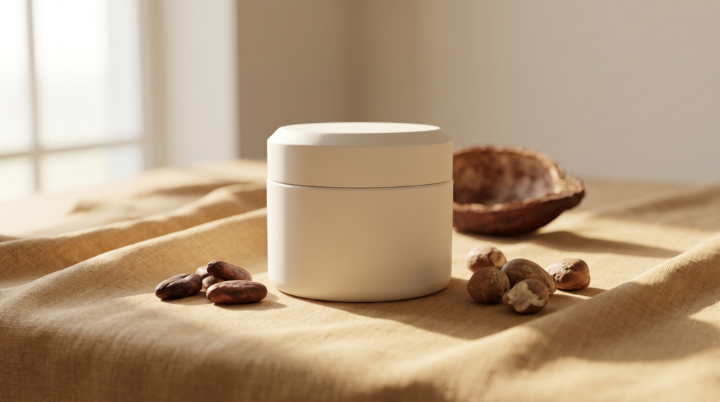 Shea butter vs cocoa butter: a white Askim body butter jar with cocoa beans and shea nuts on linen