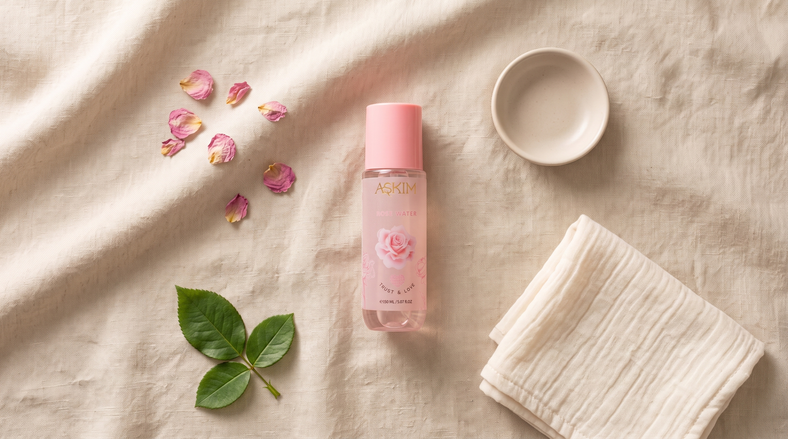 Skincare routine for beginners with Askim rose water on linen
