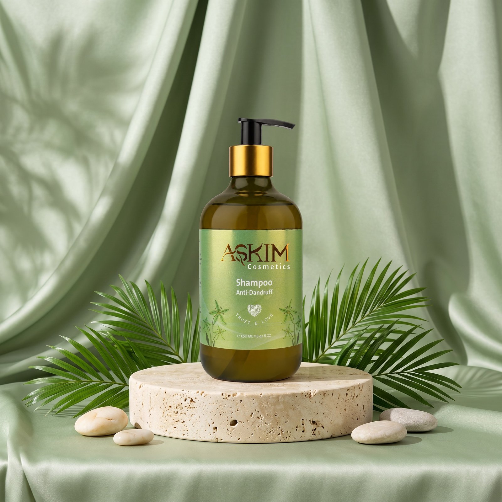 Anti-Dandruff Shampoo bottle on a travertine plinth with green palm leaves