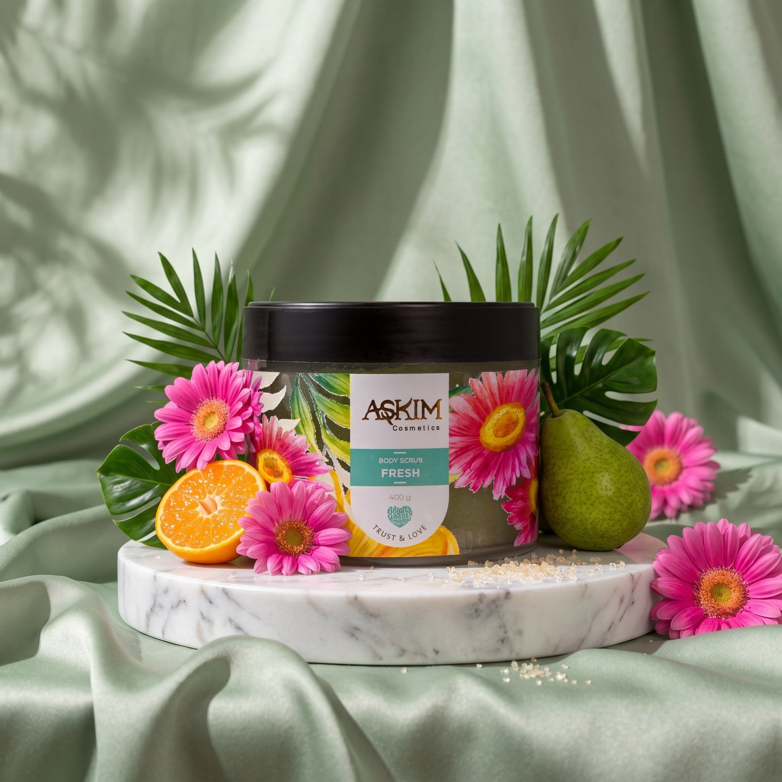 Fresh Body Scrub jar with gerbera daisies, mandarins, pear and tropical leaves