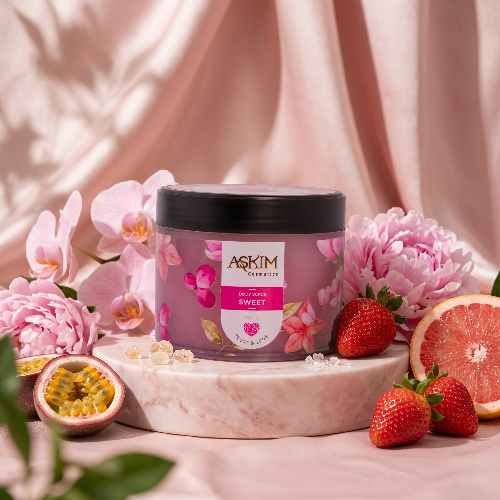 Sweet Body Scrub jar with orchids, peonies, strawberries and passion fruit